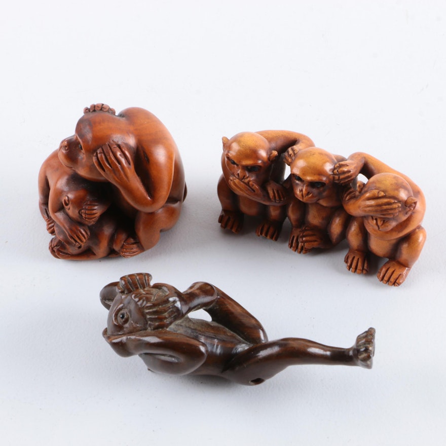 Carved Wood Wise Monkey Netsuke