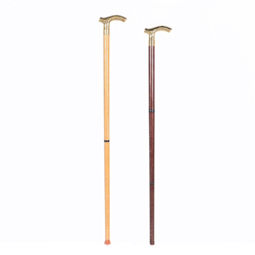 Pair of Wooden Canes with Brass Heads