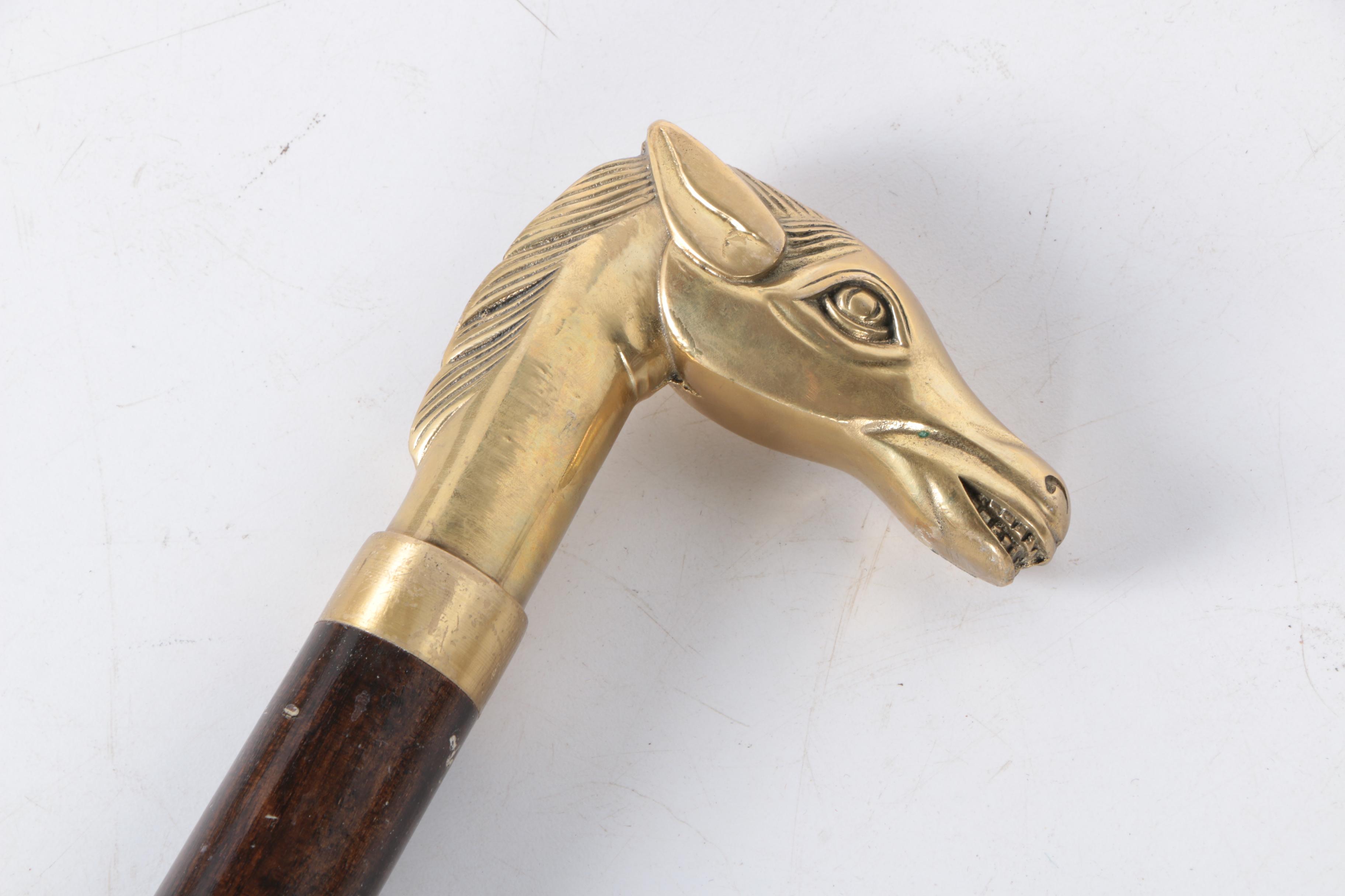 Wooden Cane with Horse Head and Hidden Vials
