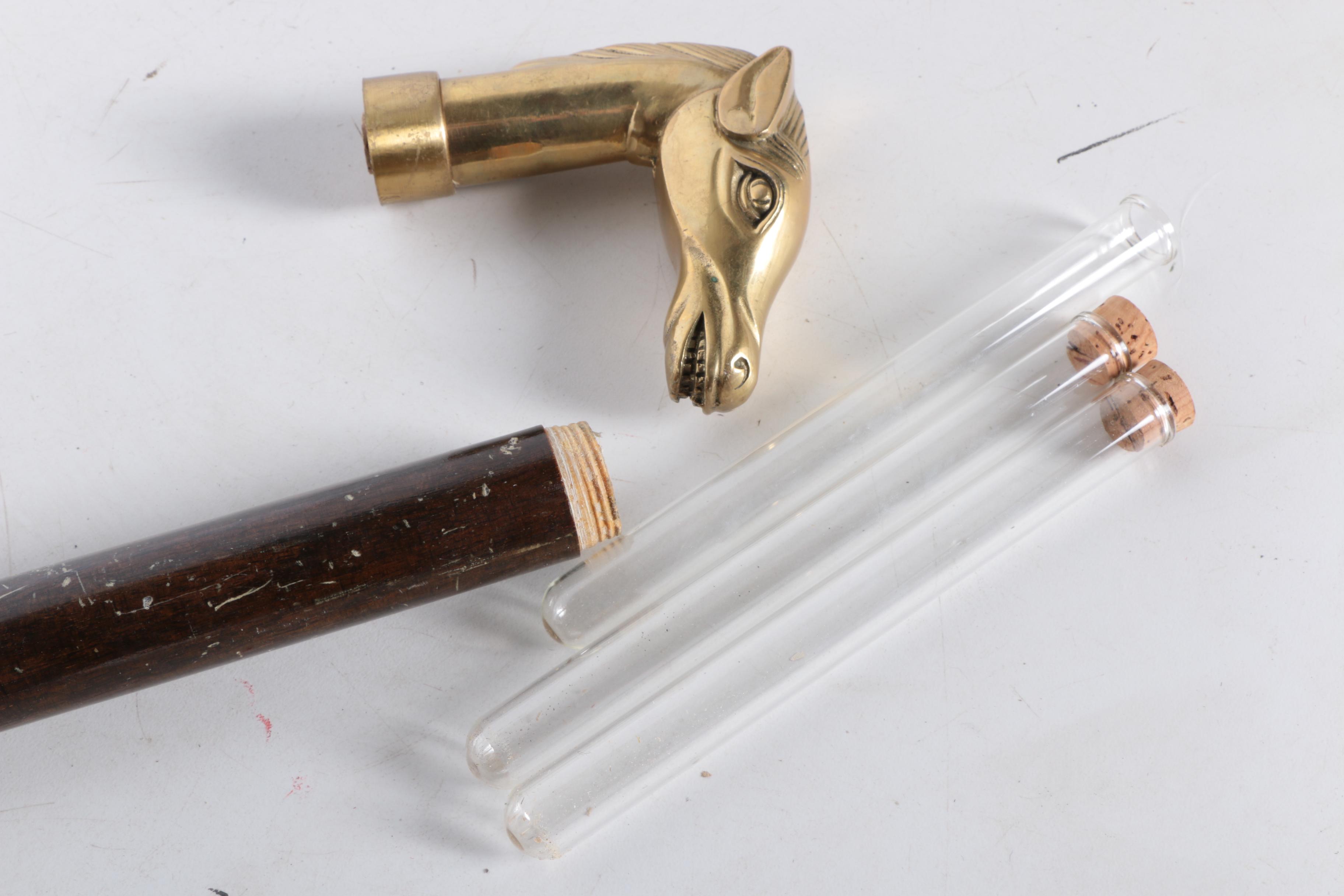 Wooden Cane with Horse Head and Hidden Vials