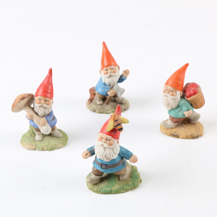 Four Vintage Enesco Porcelain Gnome Figurines