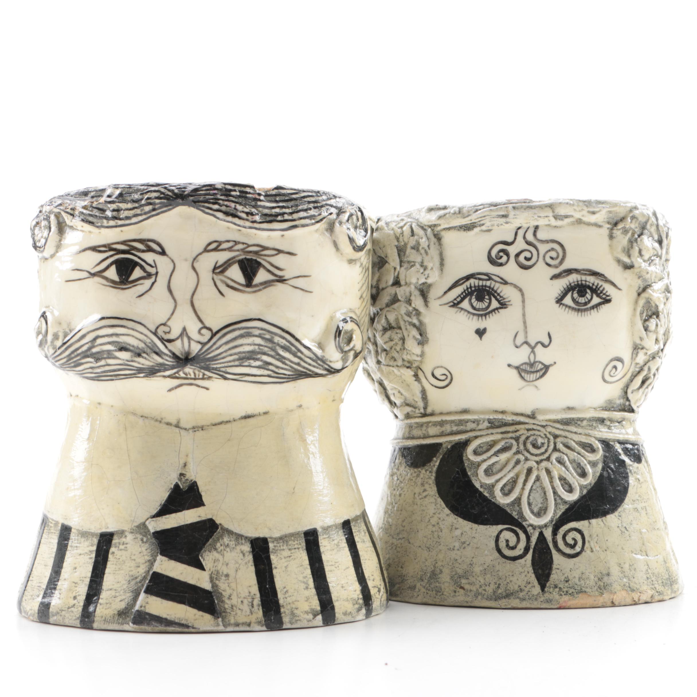 Folk Art Man and Woman Papier Mache Vases by Gemma Taccogna