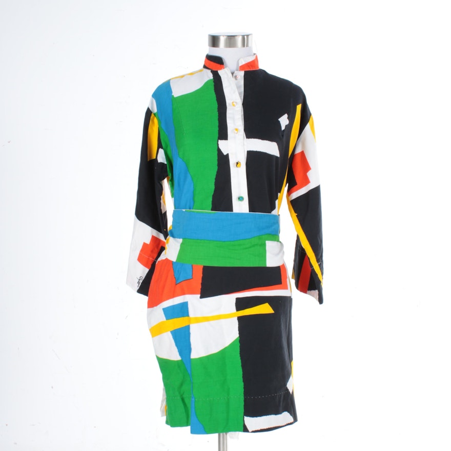 1970s Vintage Catherine Ogust Multicolor Color Block Cotton Dress