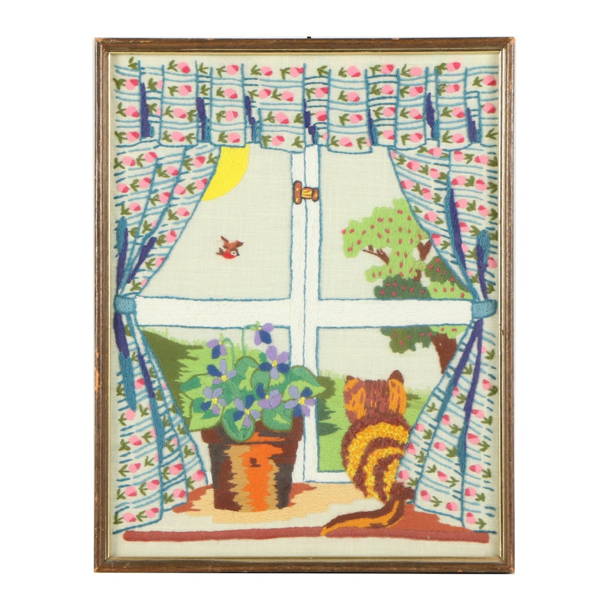 Embroidered Textile of a Cat by a Window
