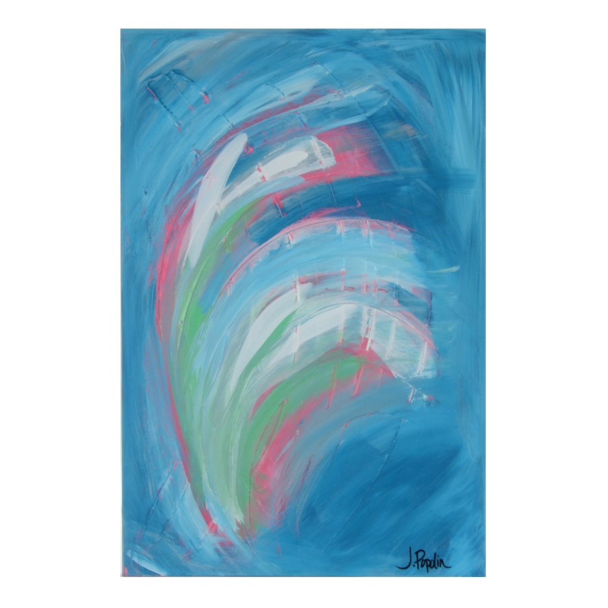 J. Popolin Acrylic Painting on Canvas "White Green Swirls with Blue"