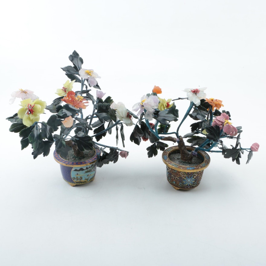 Pair of Serpentine and Quartz Trees in Cloisonné Urns