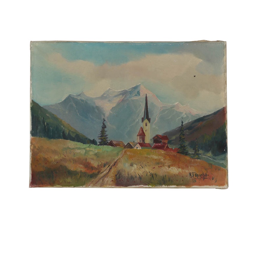 K. Foucht Oil Painting of a Mountain Landscape