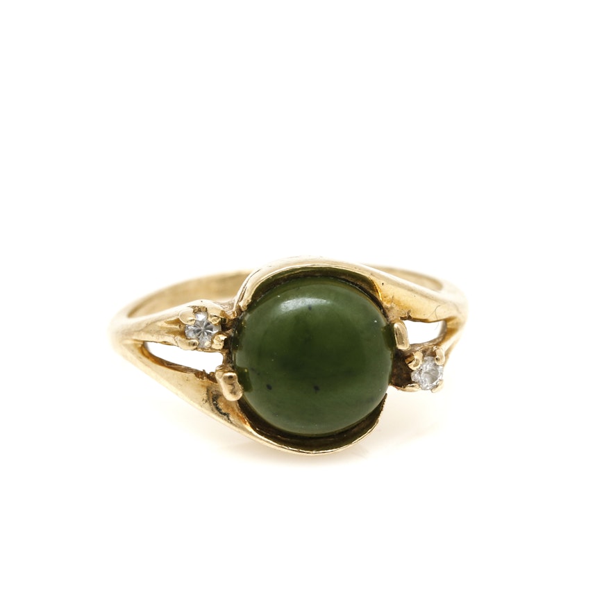 14K Yellow Gold Nephrite Ring With Diamond Accents