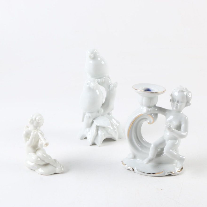 Porcelain Cherub and Bird Motif Figures with Candleholder