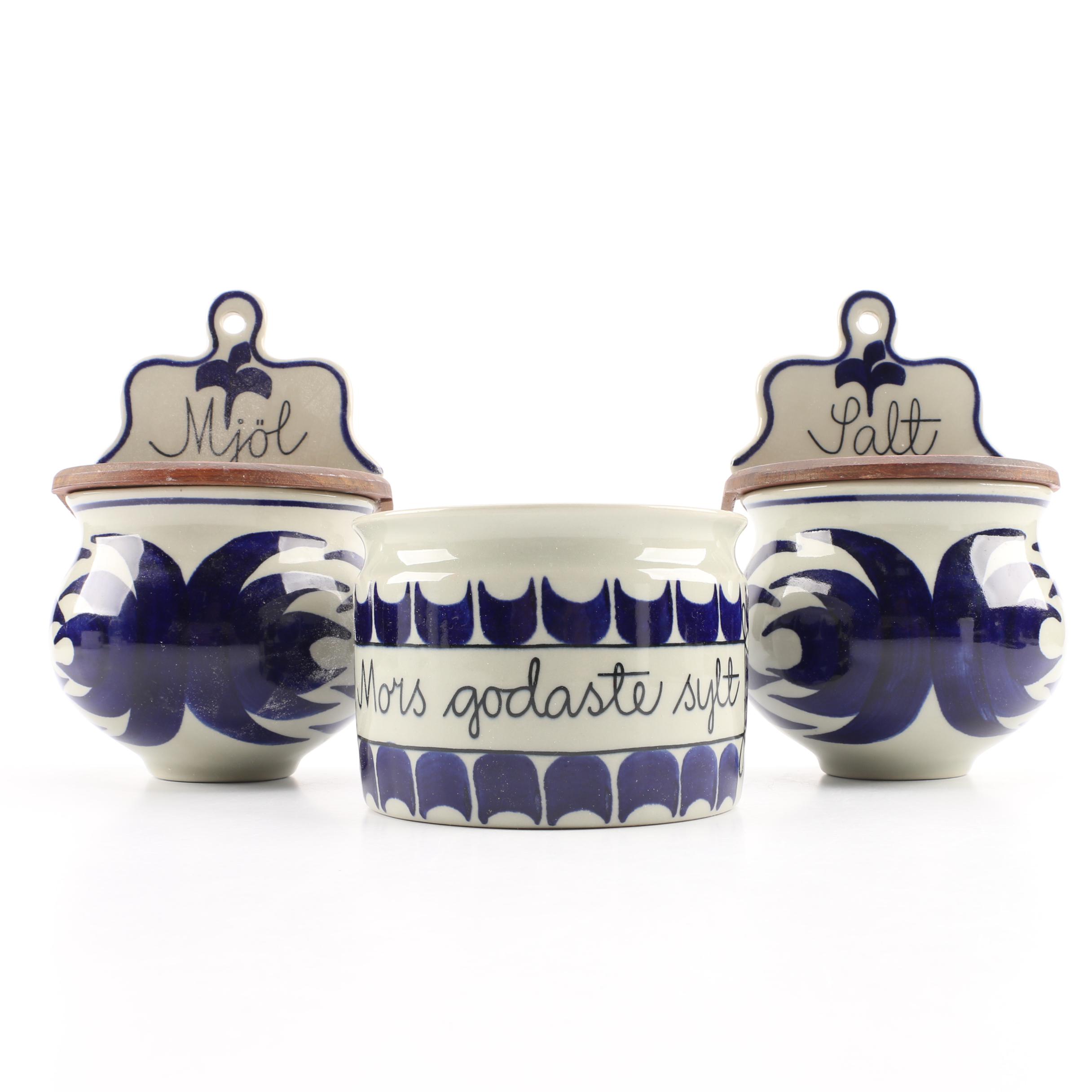 Rorstrand Pottery Swedish Wall Hanging Canisters and "Mother's Best Jam" Jar