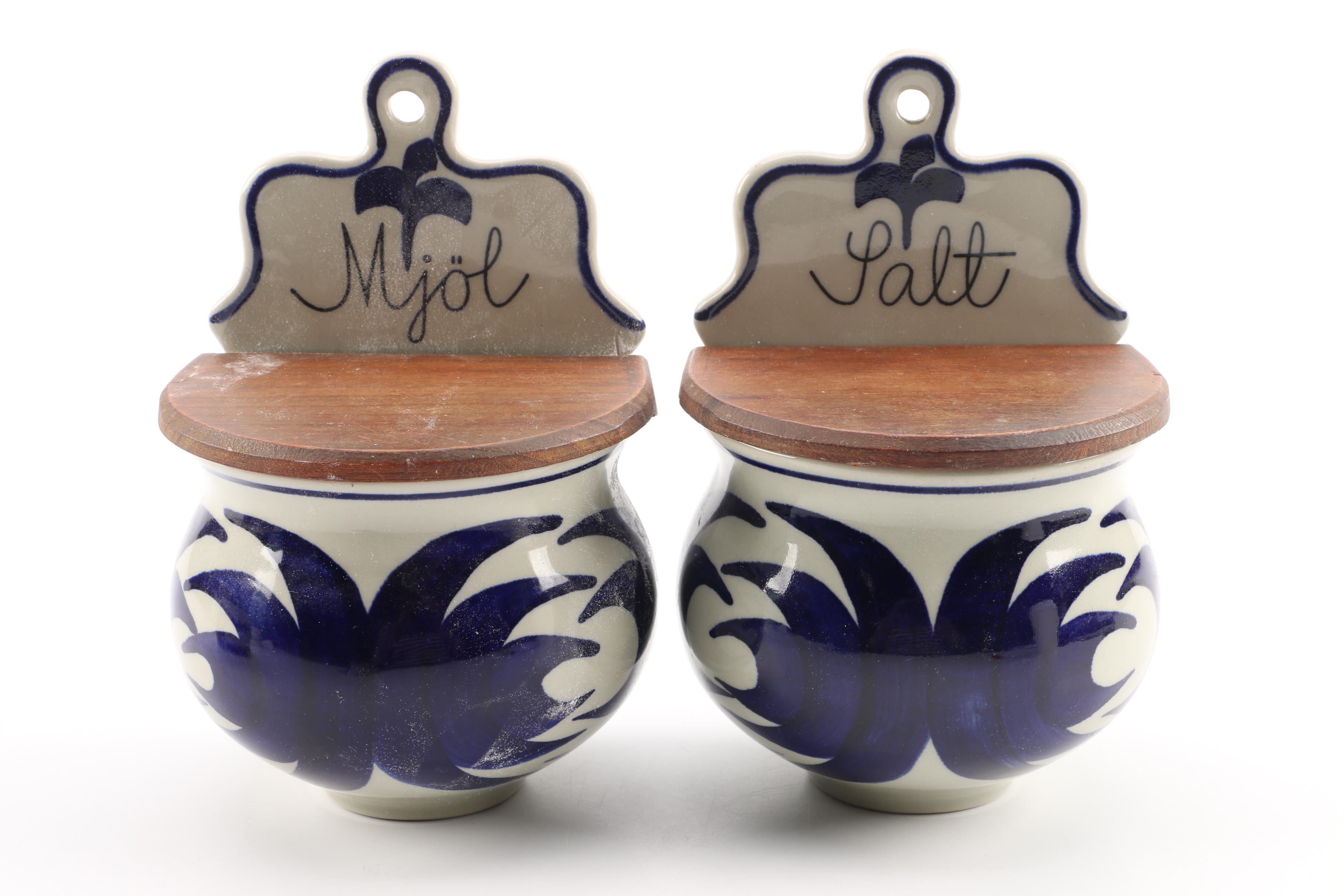 Rorstrand Pottery Swedish Wall Hanging Canisters and "Mother's Best Jam" Jar