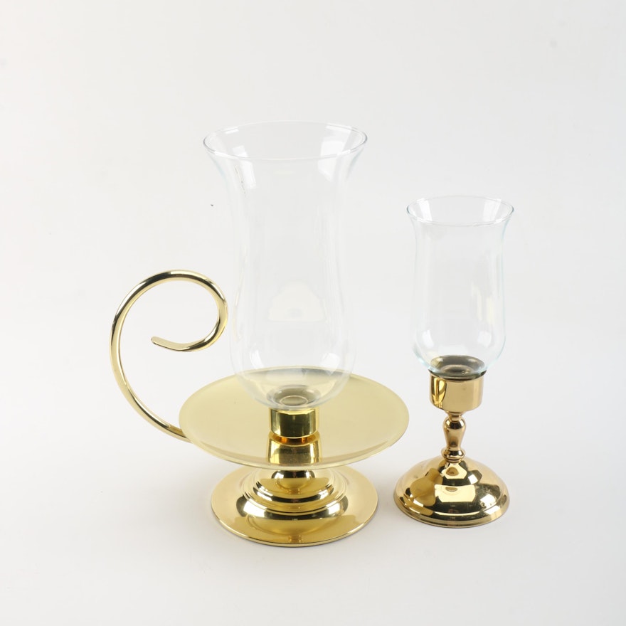 Two Brass and Glass Hurricane Lamps