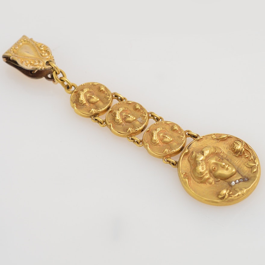 Victorian 14K Yellow Gold and Diamond Clip with Portrait Medallions