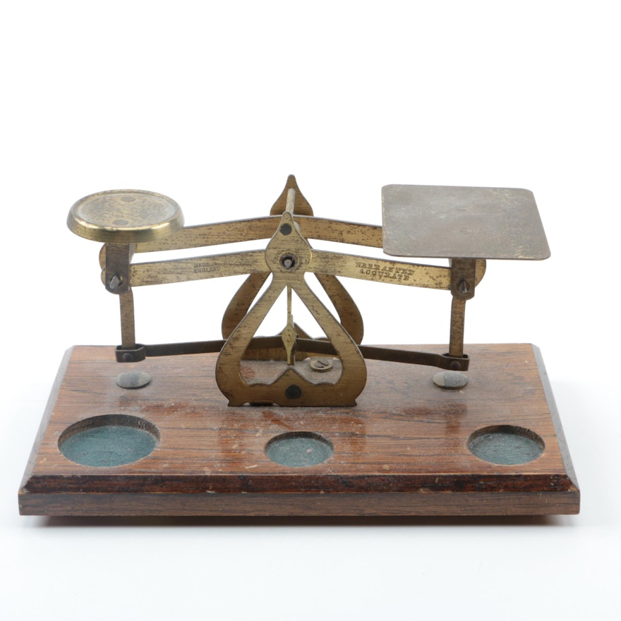 Brass Equal Arm Balance Scale on Wooden Base