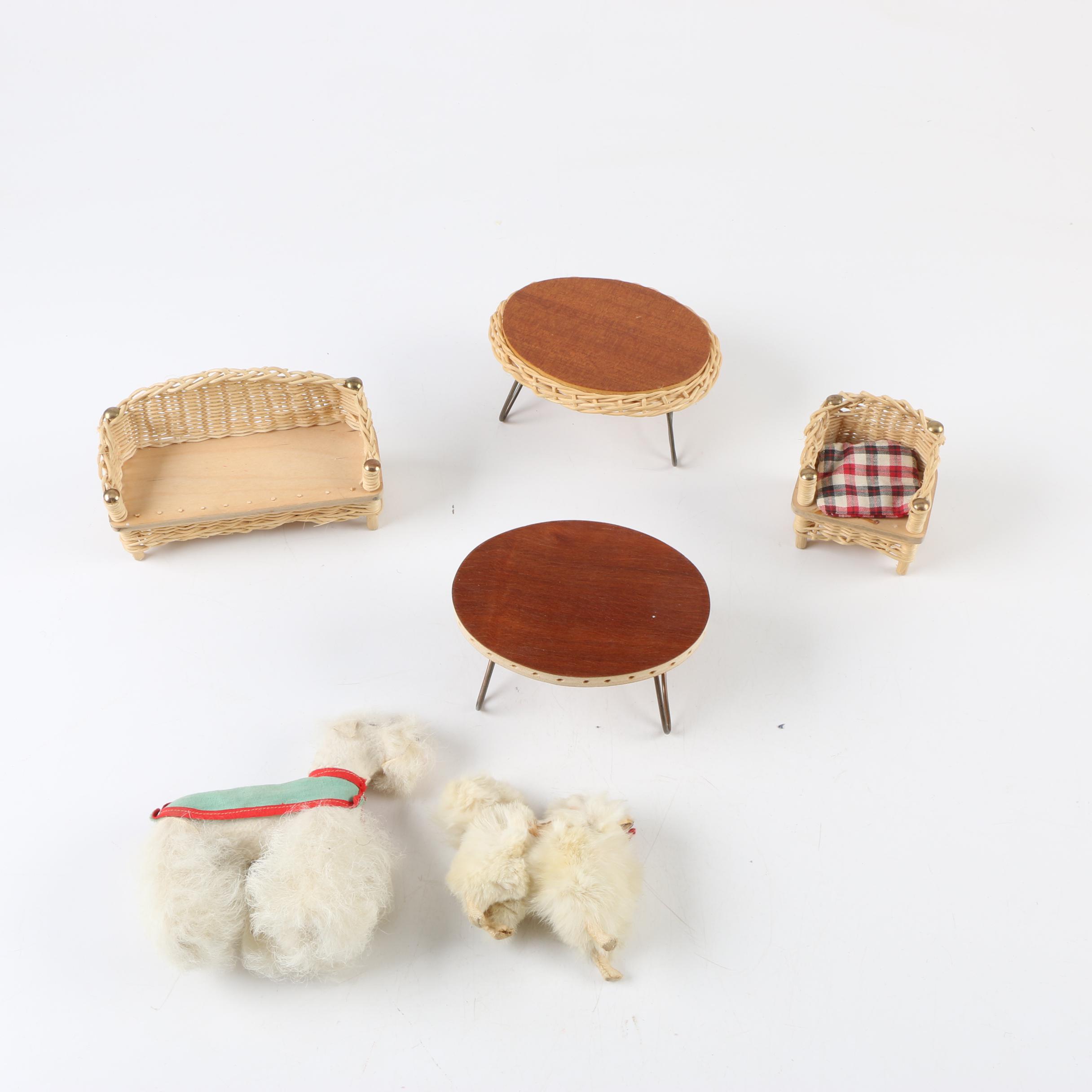 Wooden Doll Furniture with Husky and Terrier Real Fur Figurines