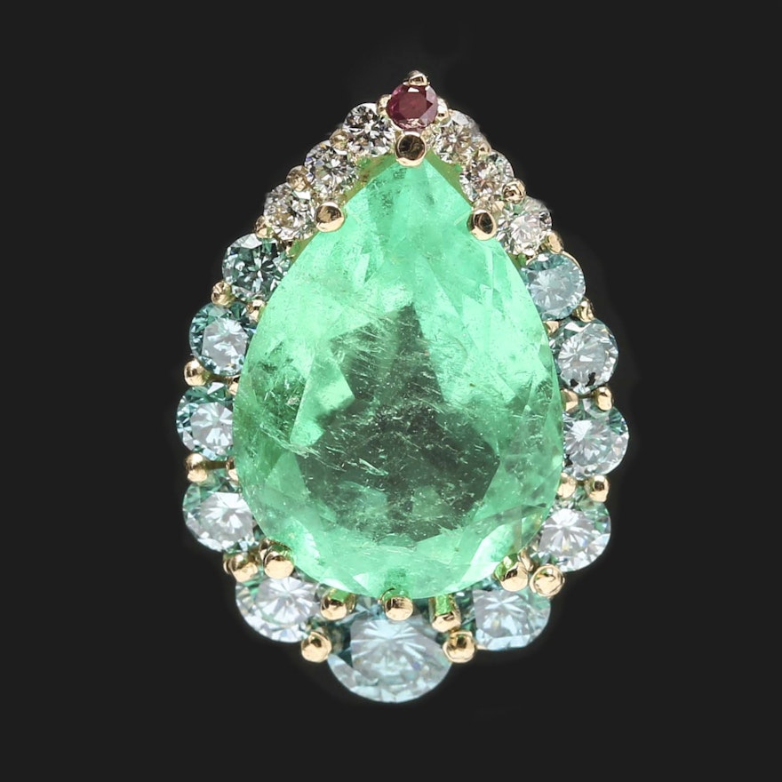 14K Yellow Gold 2.63 CT Emerald and Diamond Pendant