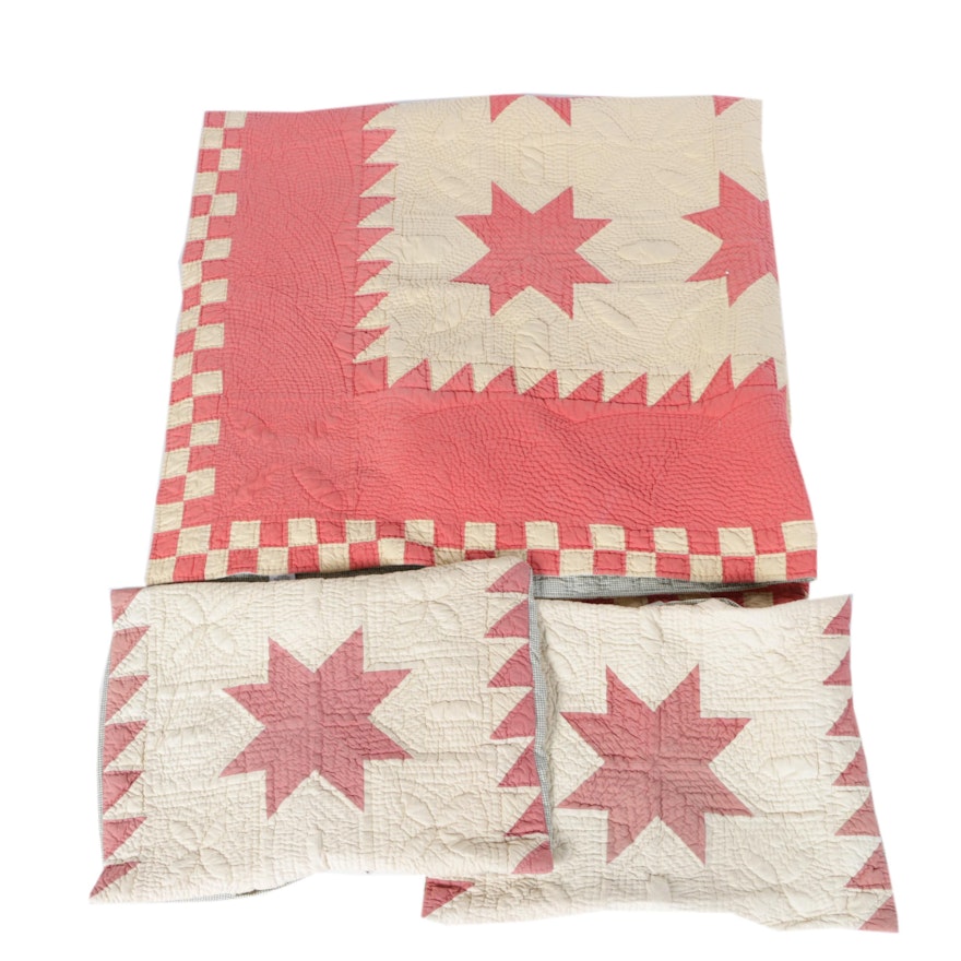 Vintage "Sawtooth" Cotton Quilt with Matching Pillow Cases