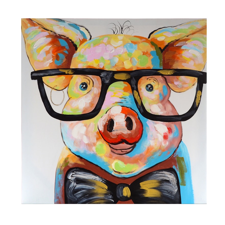 Oil Painting on Canvas of Pig with Glasses