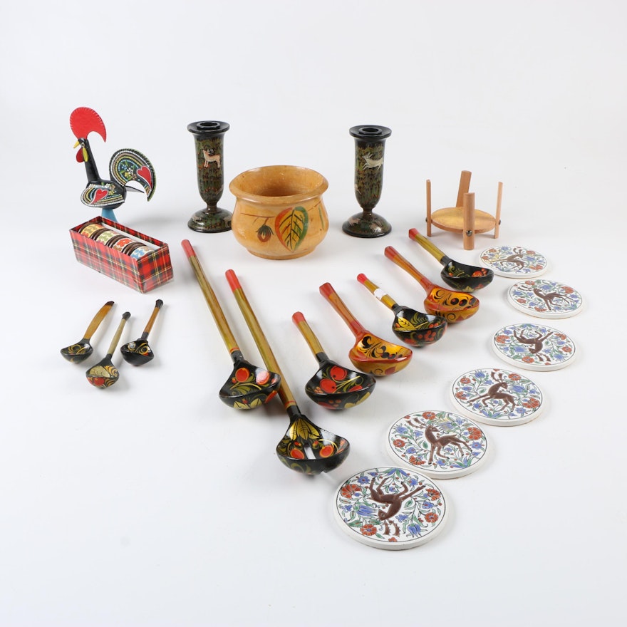Decorative Souvenirs Including Candle Holders, Spoons and Coasters
