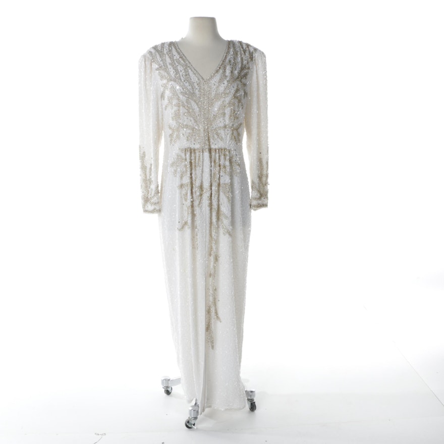 1980s Jack Bryan Fully Embellished Ivory Evening Dress