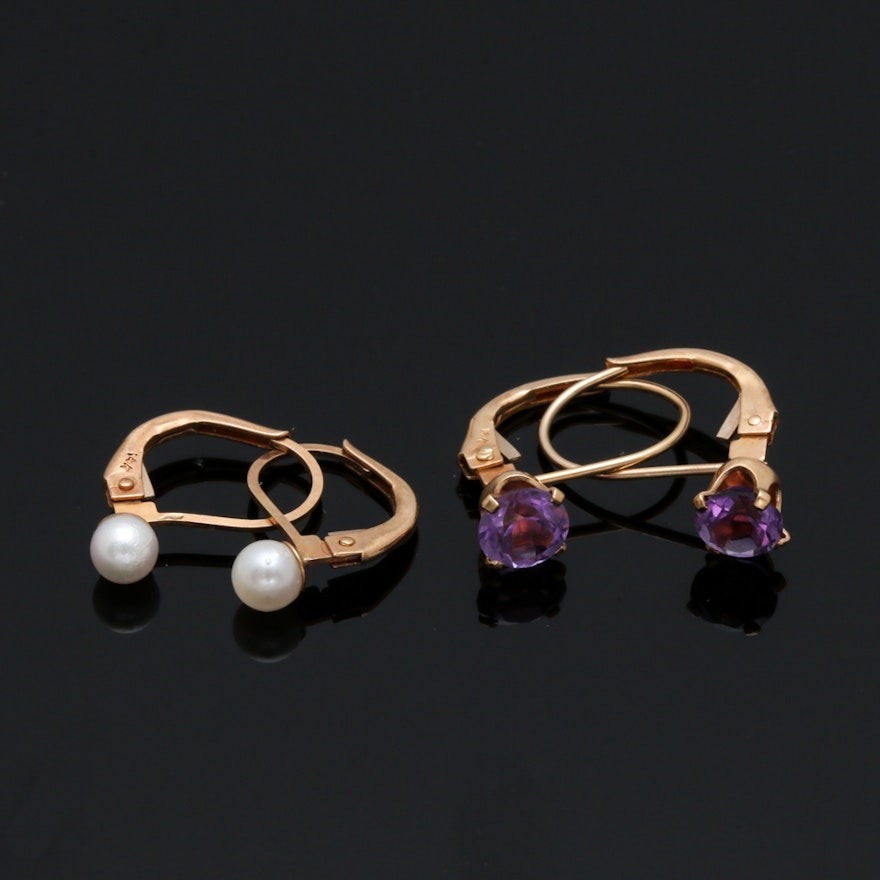 14K Yellow Gold Amethyst and Cultured Pearl Earrings