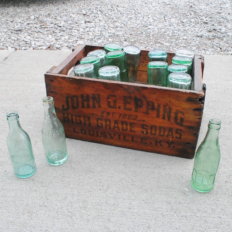 1910’s John Epping Glass Soda Bottles with Wood Crate