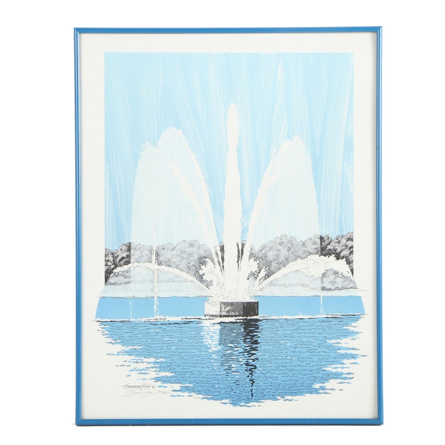 Herman Fox Circa 1980s Limited Edition Offset Lithograph of a Park Fountain