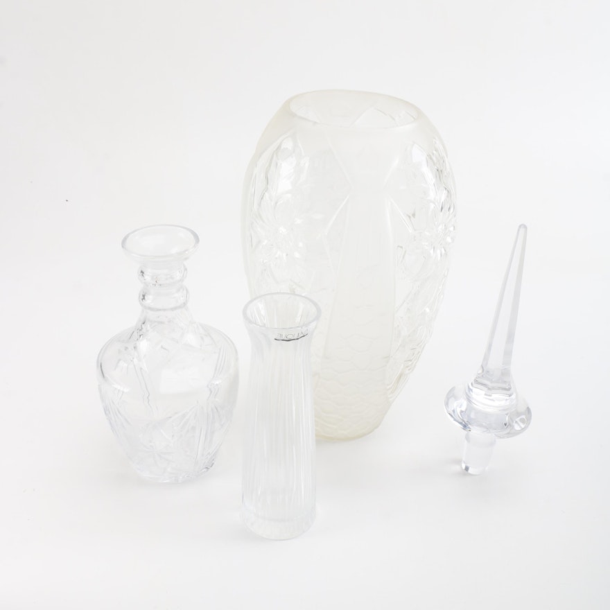 Vintage Glass and Crystal Vases and Decanter including Lalique