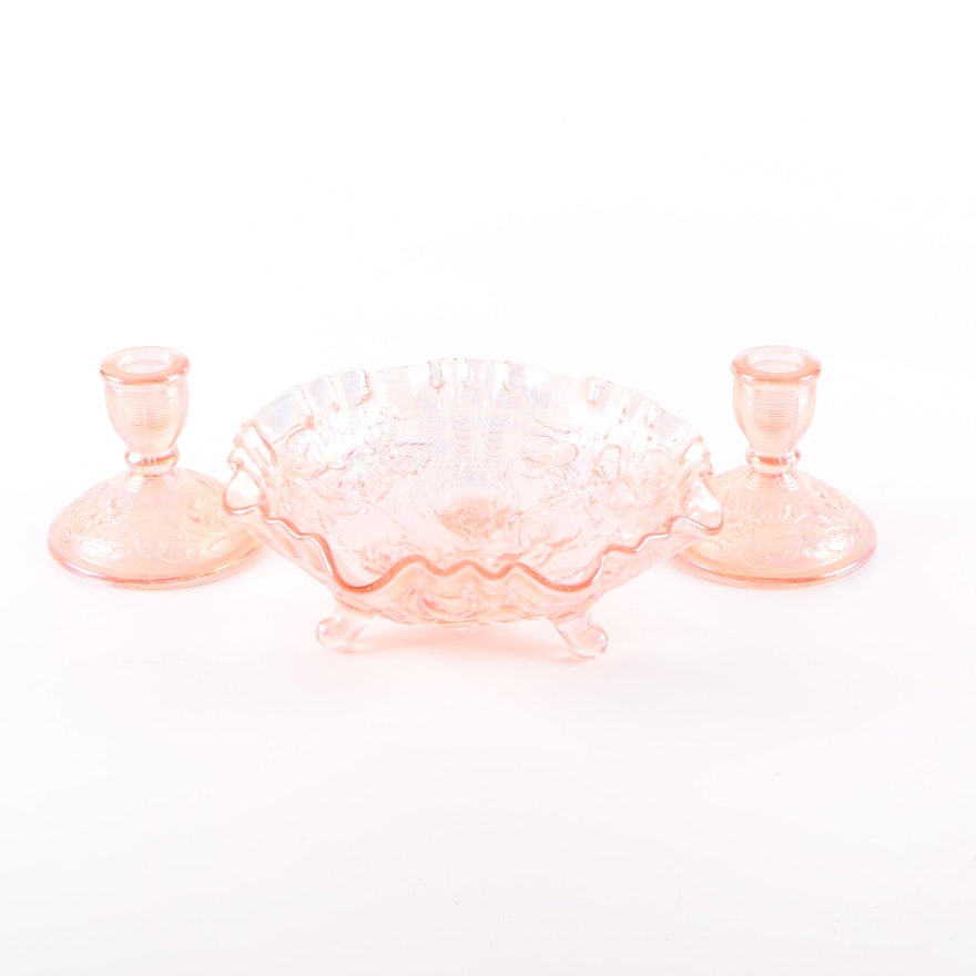 Imperial Lenox Pink Carnival Glass Bowl and Candle Holders