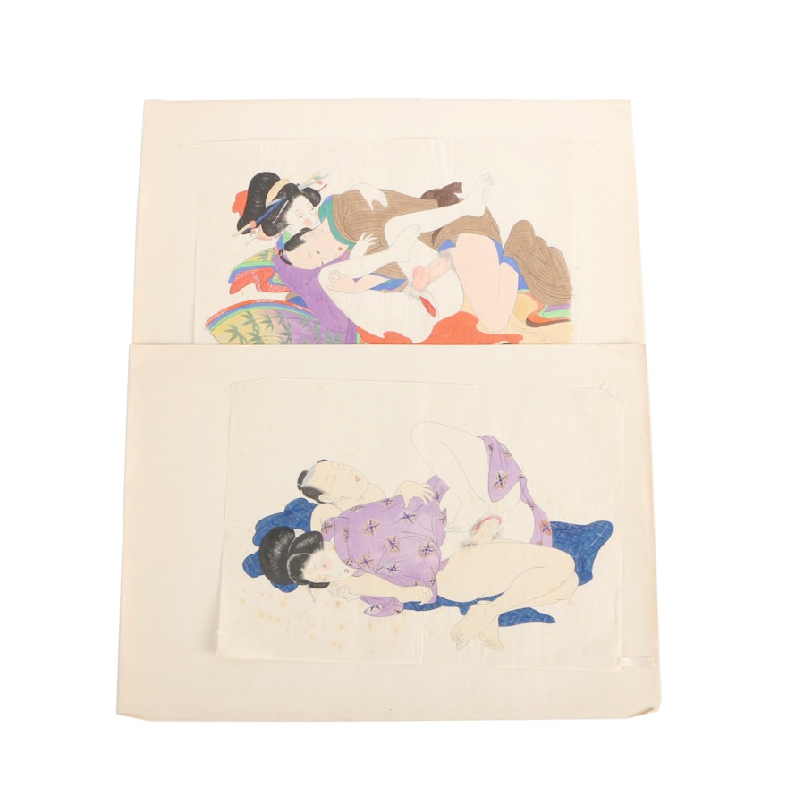 Shunga Style Ink and Gouache Paintings After Kitagawa Utamaro