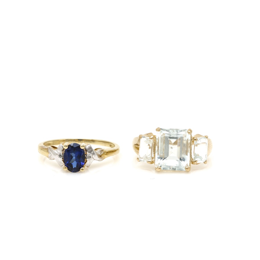 10K Yellow Gold Rings Including Aquamarine, Synthetic Sapphire, and Diamonds