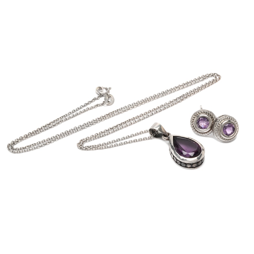 Sterling Silver Amethyst Pendant Necklace and Earrings