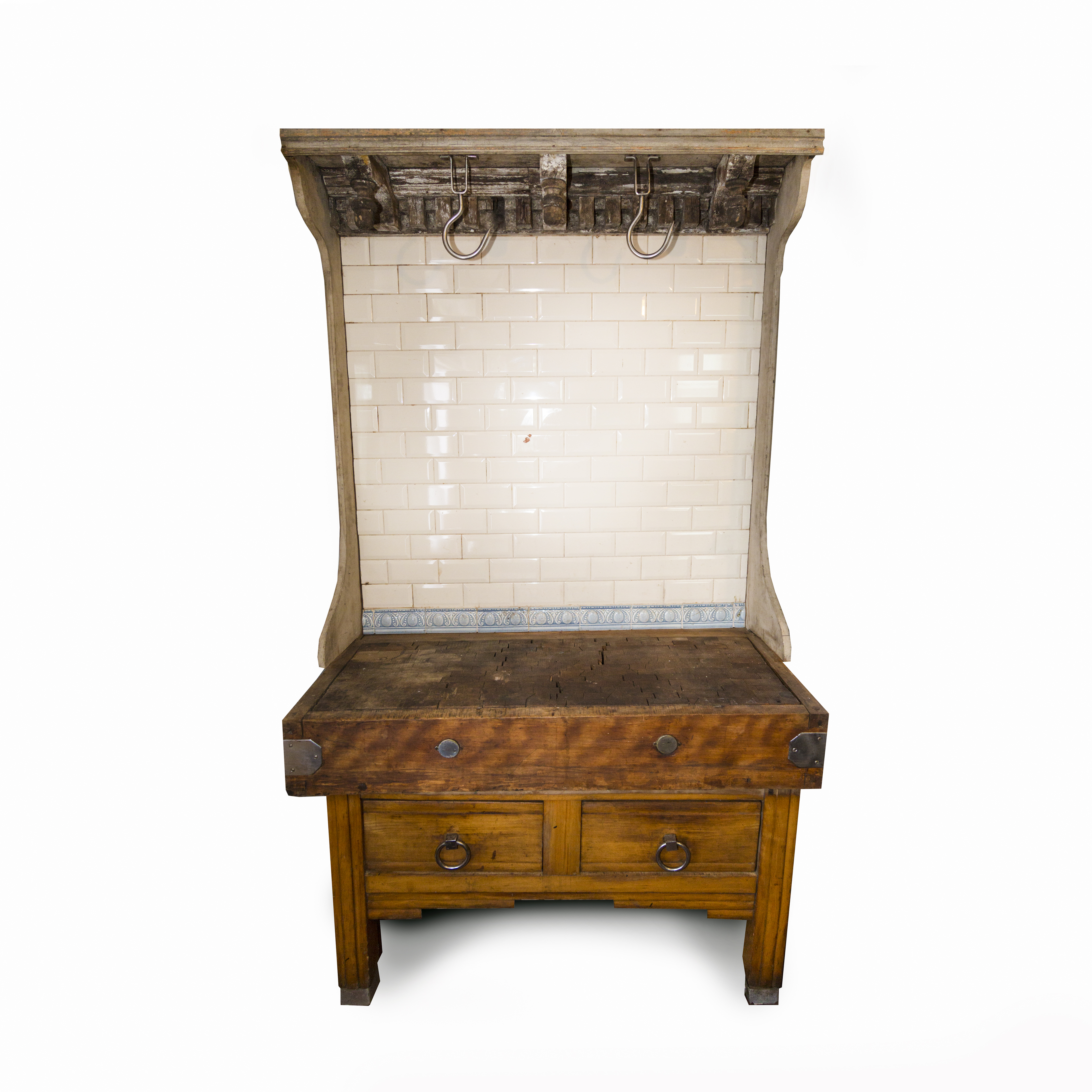 Antique French Butcher's Block with Meat Hooks