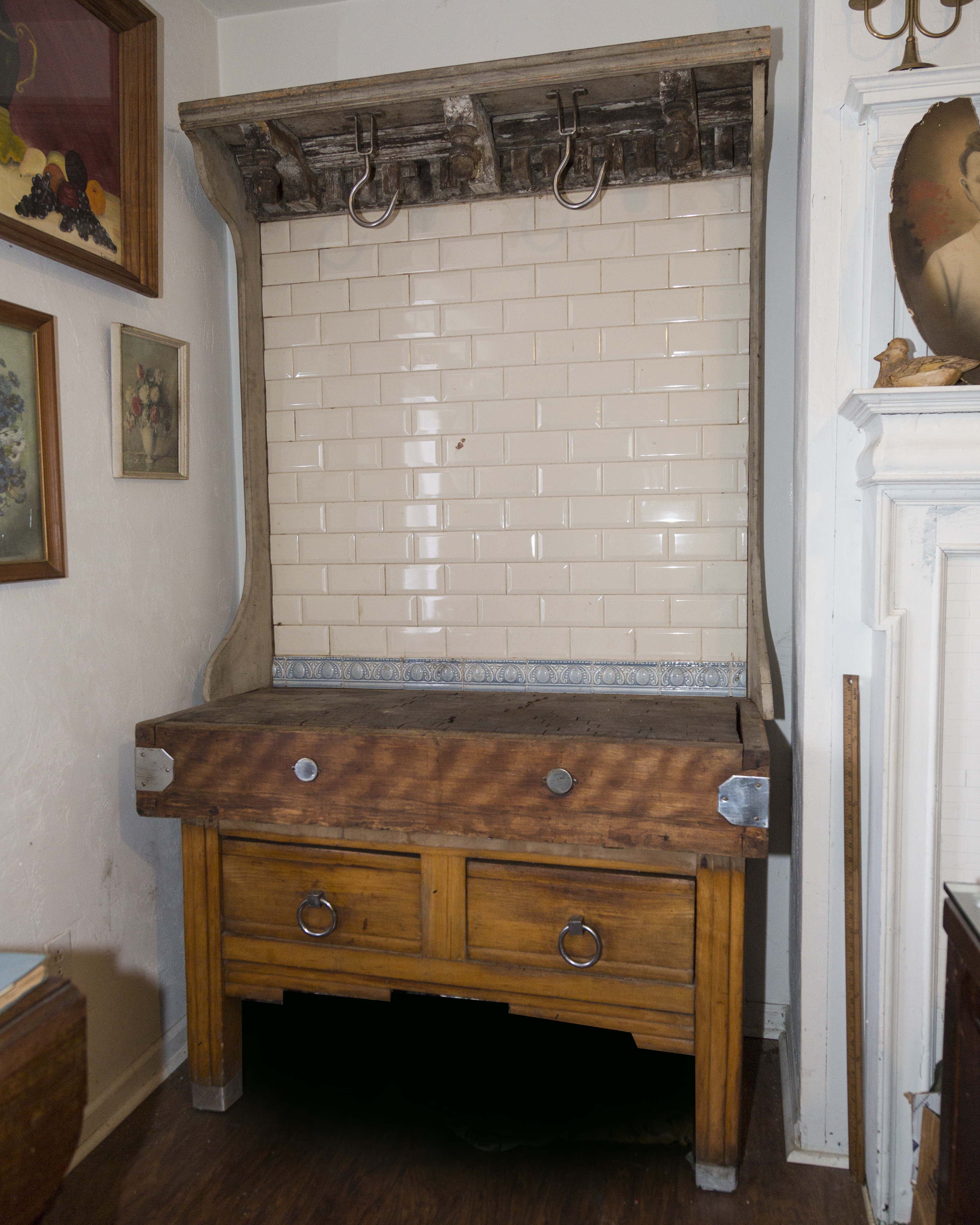 Antique French Butcher's Block with Meat Hooks