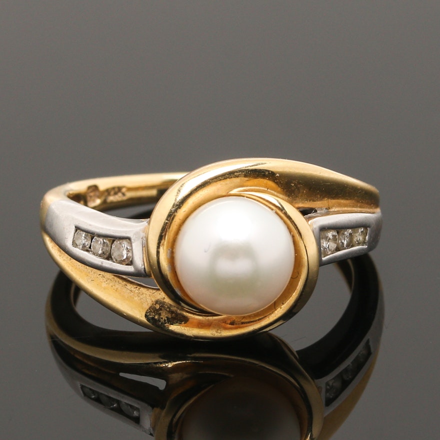 14K Yellow Gold Cultured Pearl and Diamond Ring