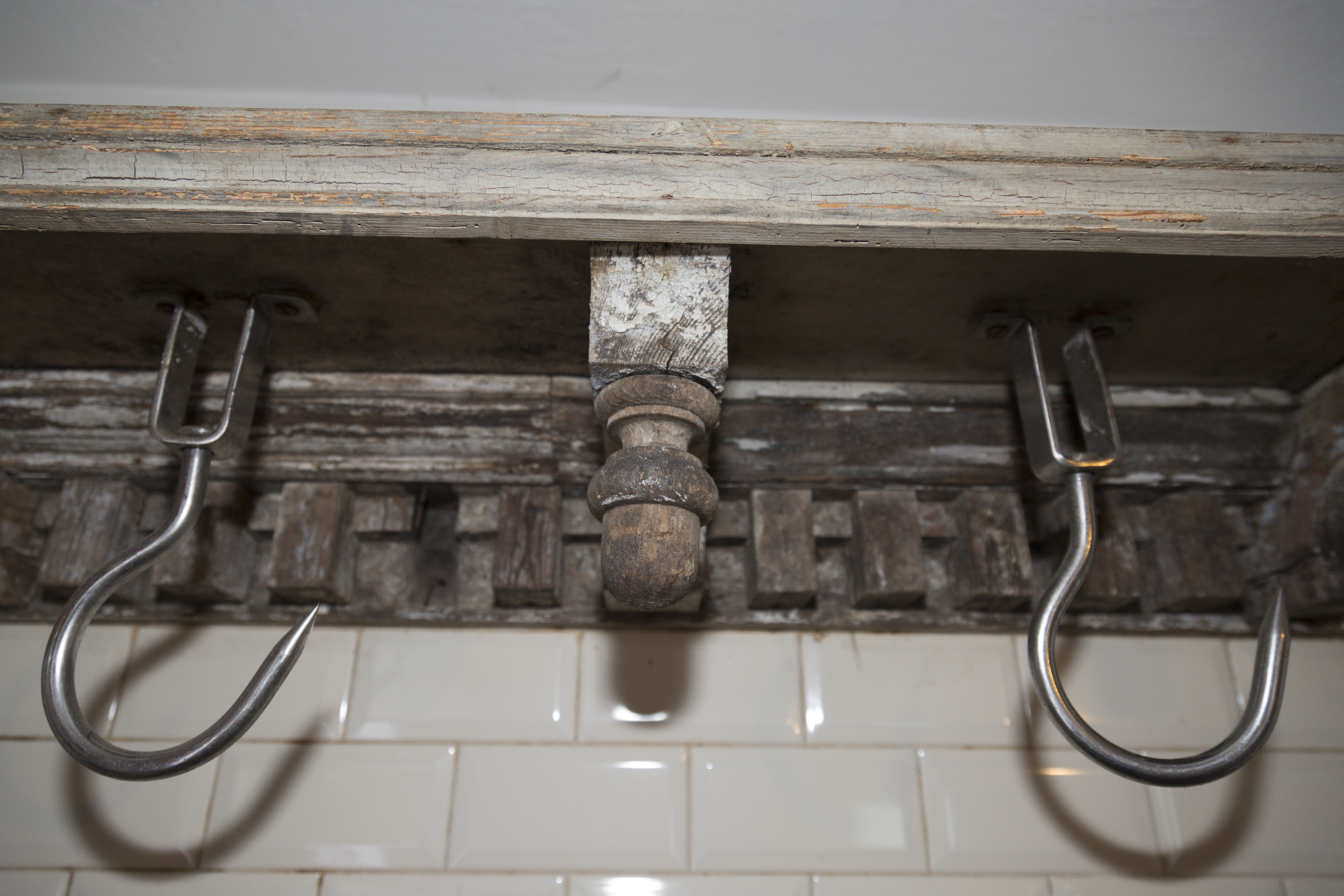 Antique French Butcher's Block with Meat Hooks