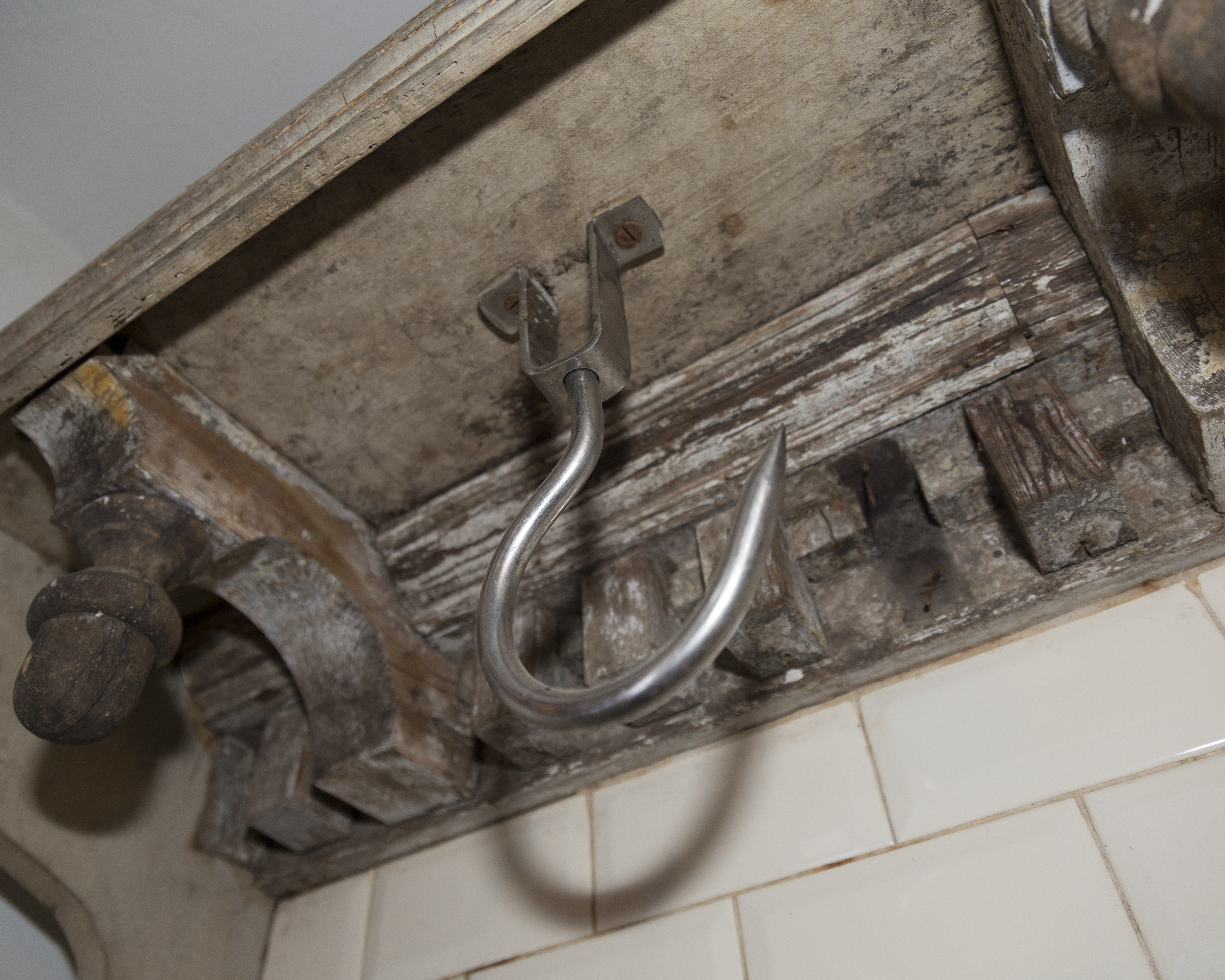 Antique French Butcher's Block with Meat Hooks