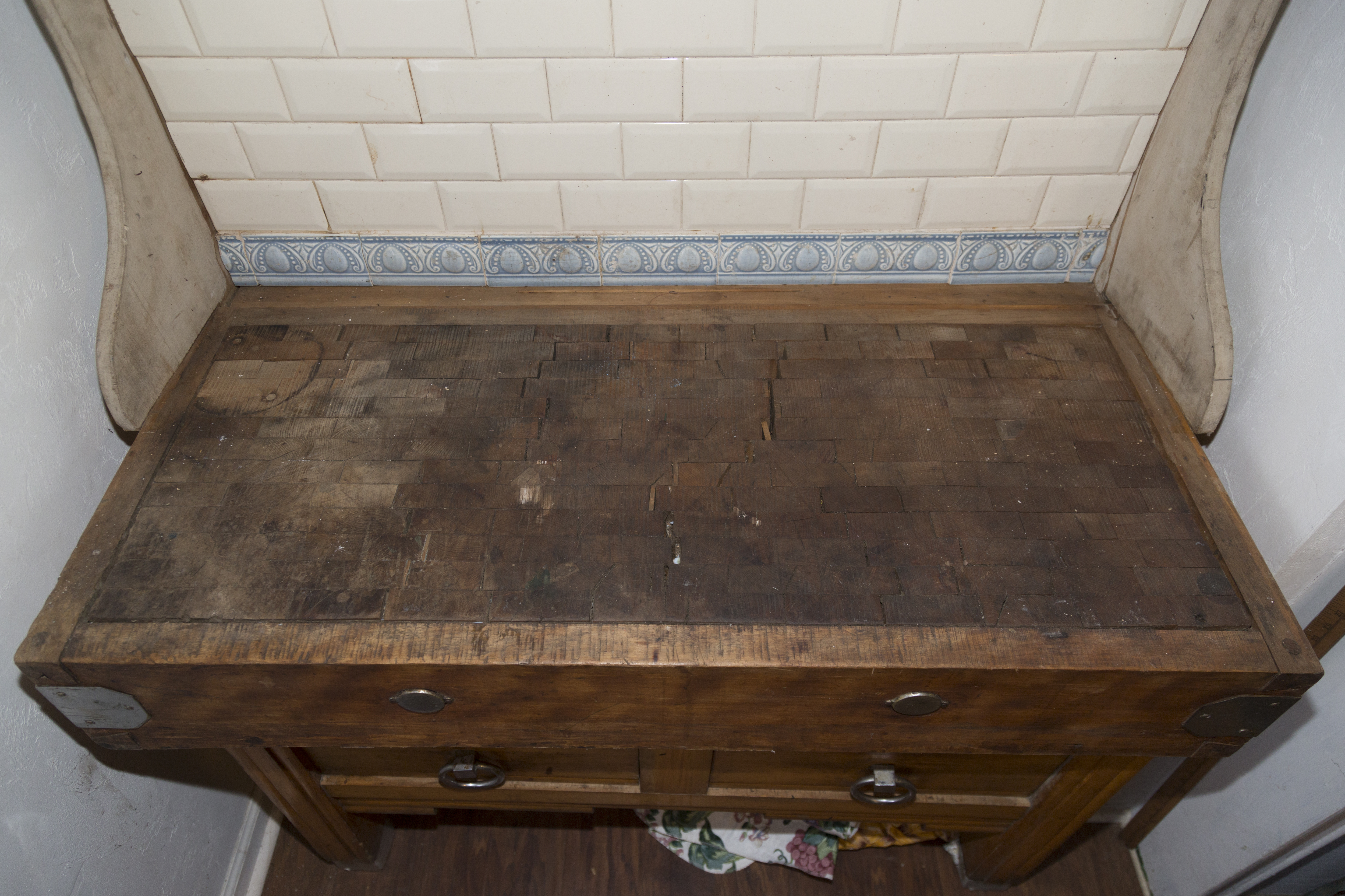 Antique French Butcher's Block with Meat Hooks