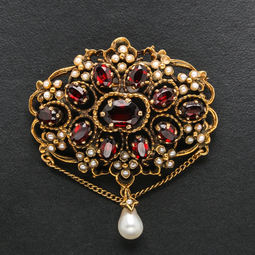14K Yellow Gold Ruby and Pearl Brooch