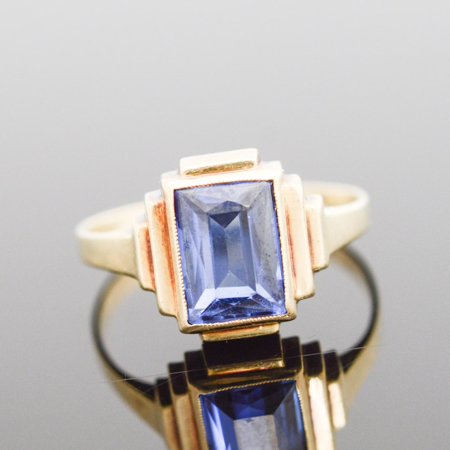 14K Yellow Gold and Synthetic Sapphire Ring