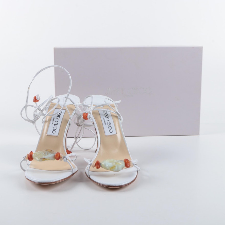 Jimmy Choo White Leather and Poured Glass Stone Strappy Sandals