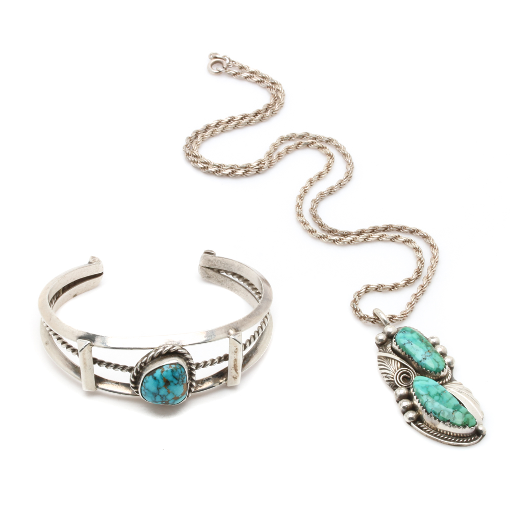 Sterling Silver Southwestern Style Turquoise Bracelet and Justin Morris Necklace