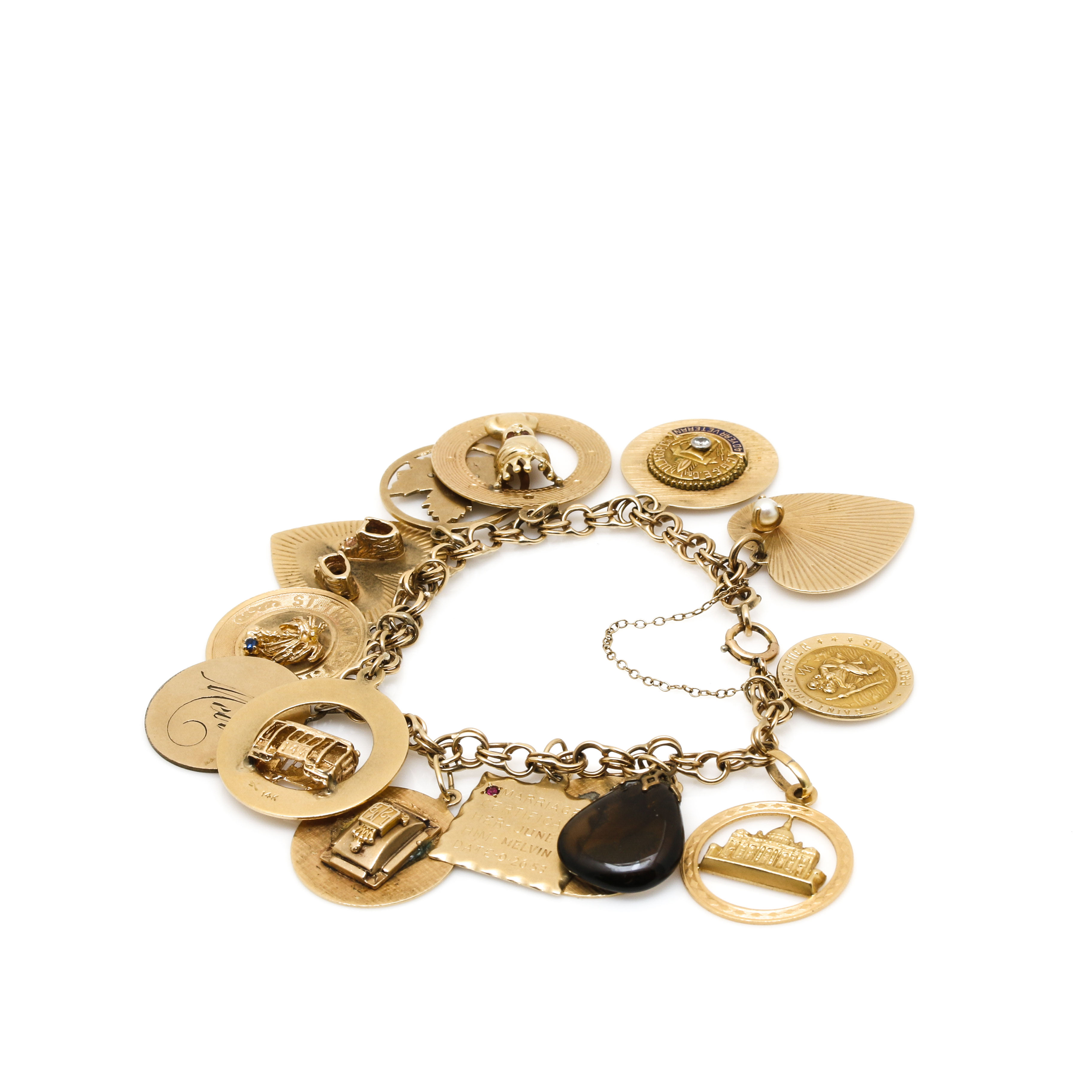 14K Yellow Gold Synthetic Spinel, Synthetic Ruby, and Gemstone Charm Bracelet