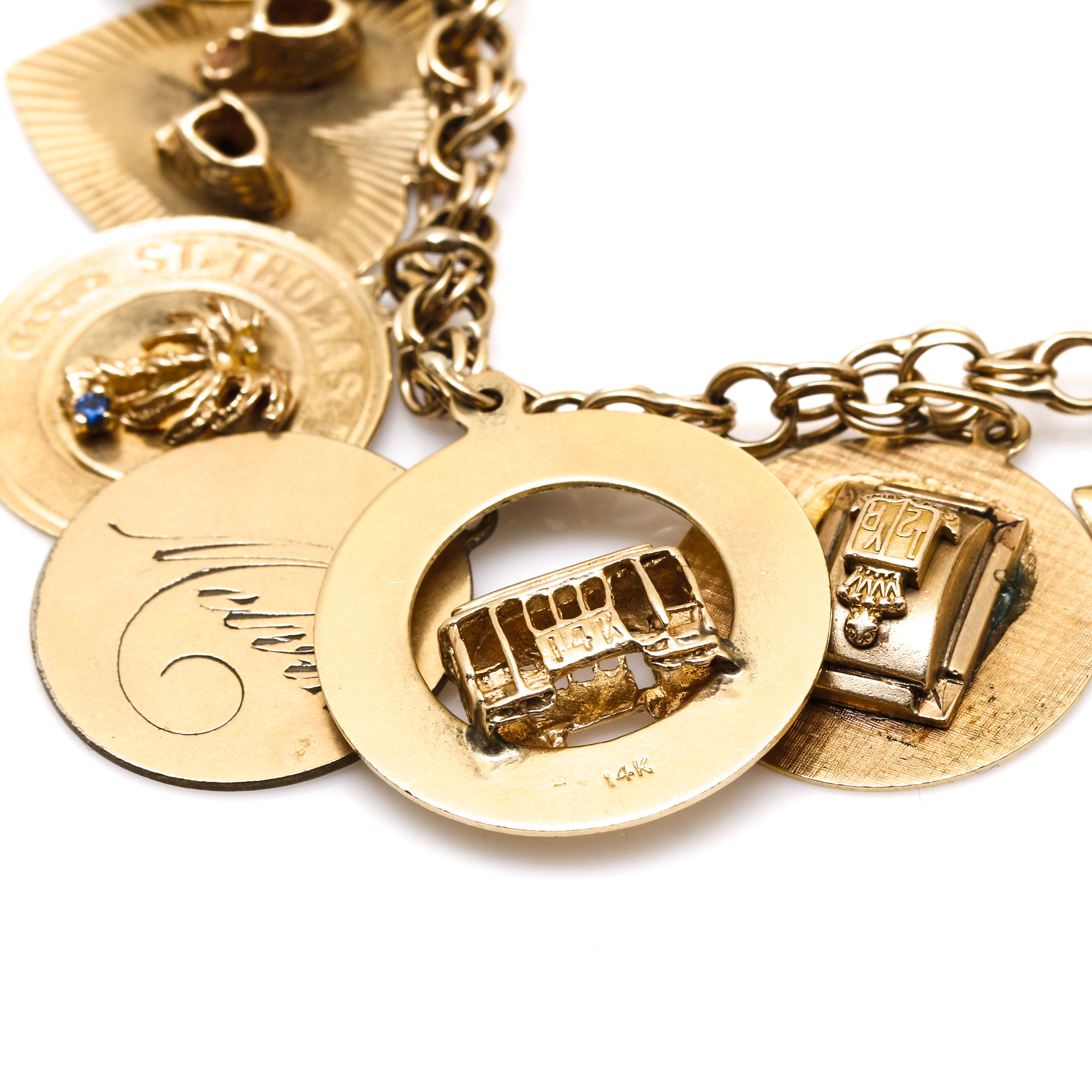 14K Yellow Gold Synthetic Spinel, Synthetic Ruby, and Gemstone Charm Bracelet