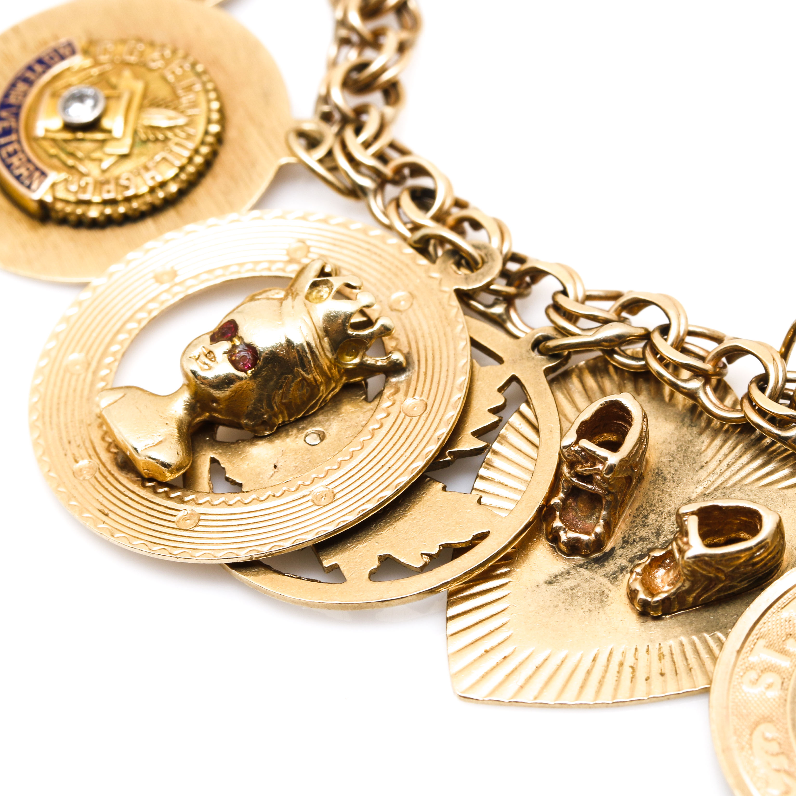 14K Yellow Gold Synthetic Spinel, Synthetic Ruby, and Gemstone Charm Bracelet