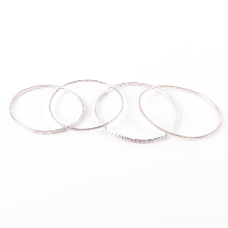 Four Sterling Silver Etched Bangle Bracelets