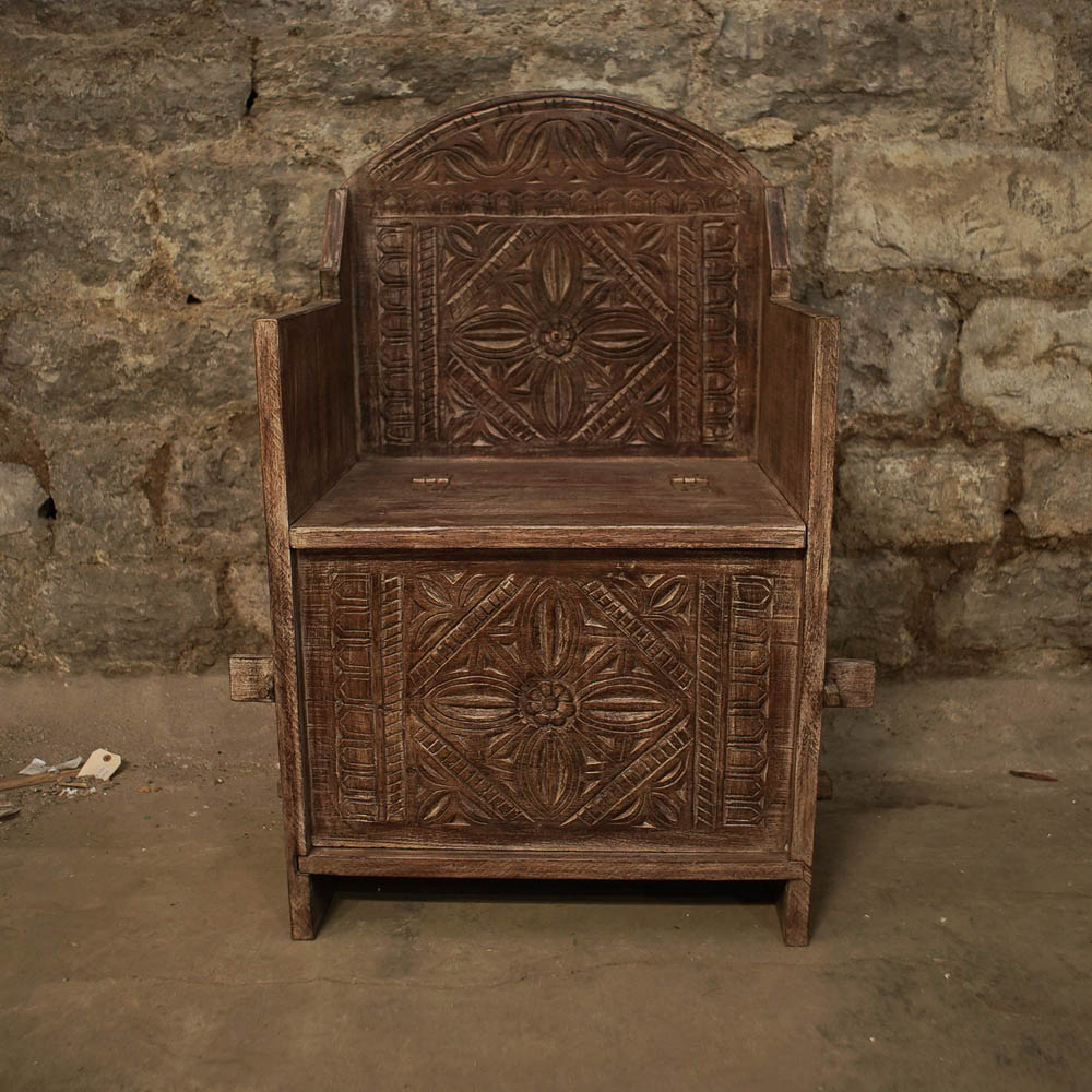 Indonesian Chip-Carved Teak Storage Benches
