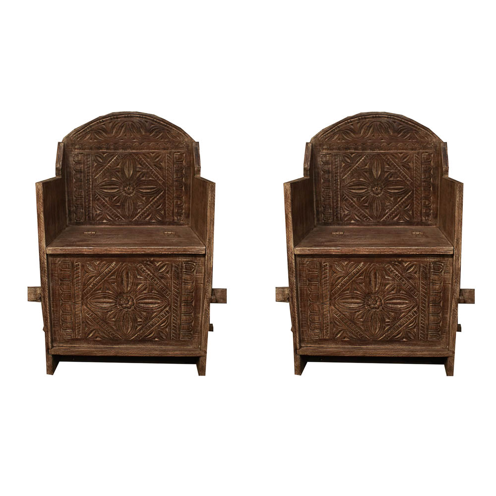 Indonesian Chip-Carved Teak Storage Benches