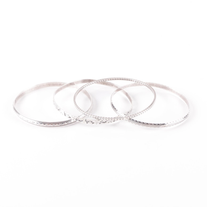 Four Sterling Silver Etched Bangle Bracelets