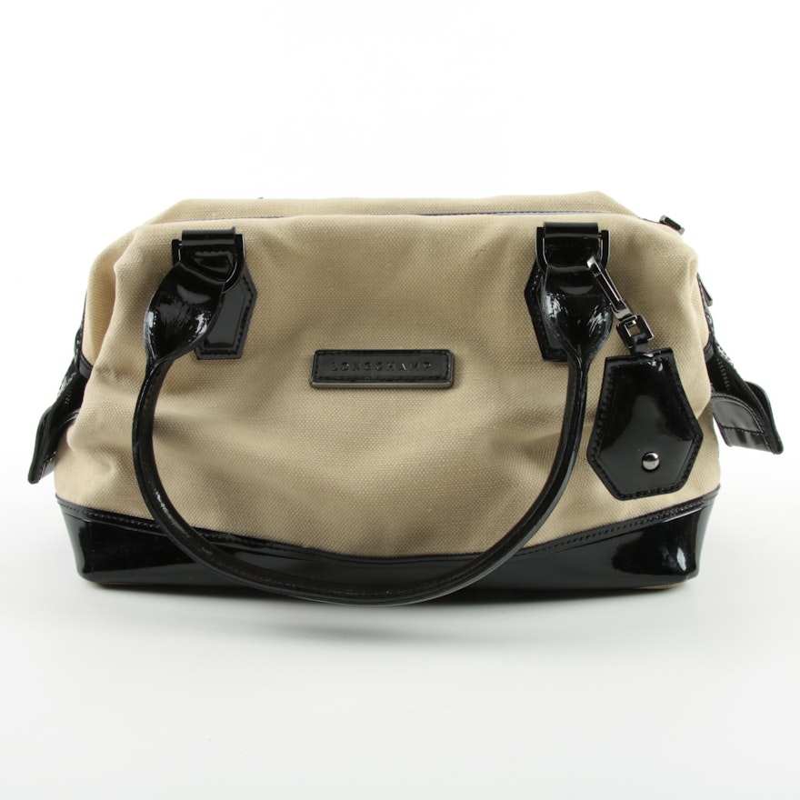 Longchamp Black Patent Leather and Canvas Handbag